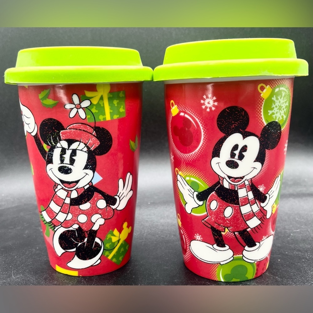 Mickey & Minnie Mouse‎ Ceramic Christmas Coffee Travel Mugs W/ Silicone Lids EUC
